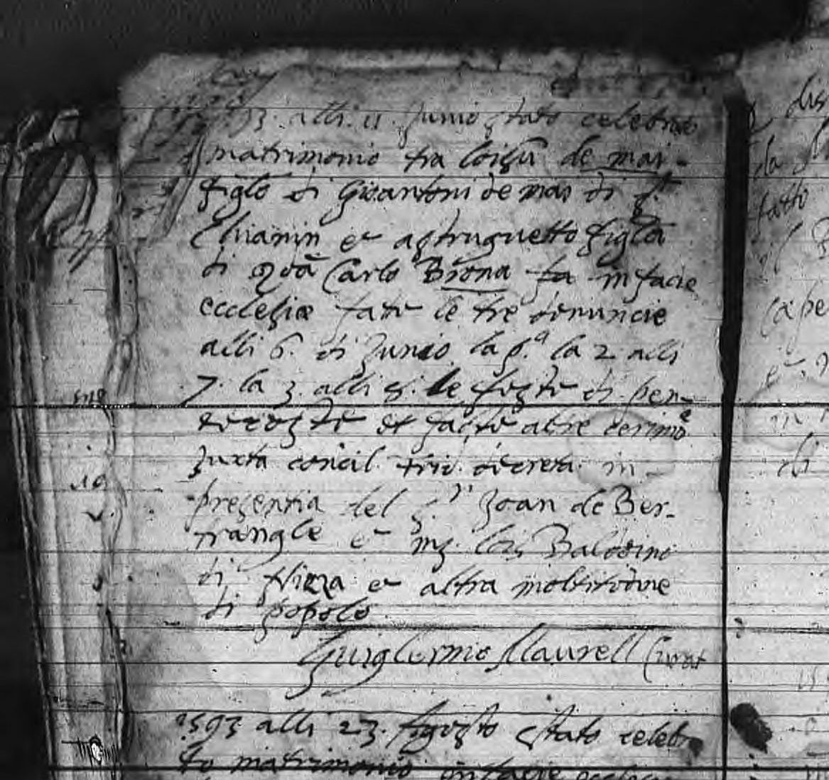 Mariage 1593 de Ste Marie du Château trouvé dans les B 1564-1584 page 134 cg06 - Copy.jpeg